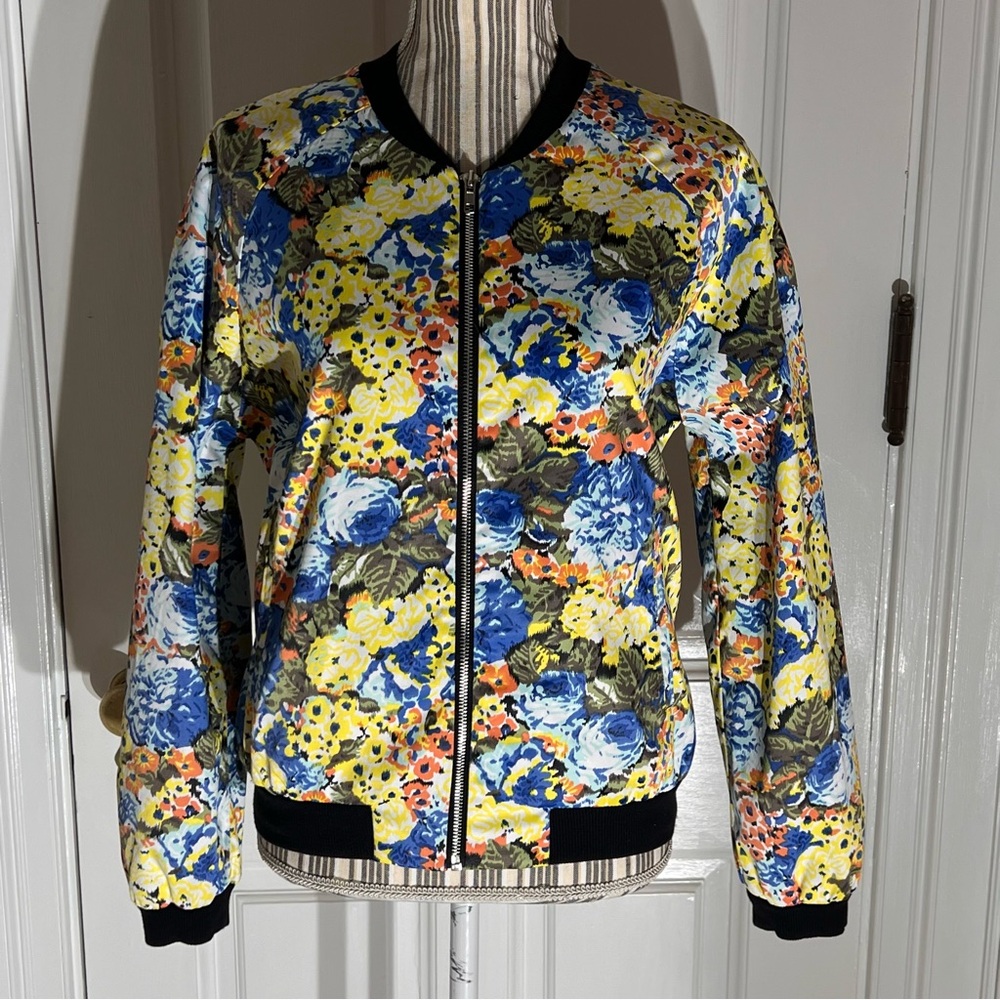 Floral Bomber Jacket Tulle medium zip Anthropologie S218